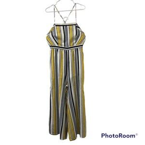 Mystree Yellow Striped Overall Crisscross Open Back Romper Jumpsuit Sz Medium